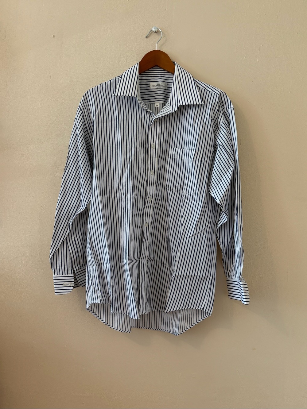 Balenciaga White Dress Shirt with Navy Vertical Stripes